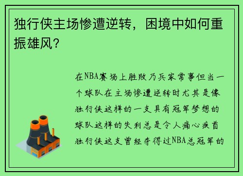独行侠主场惨遭逆转，困境中如何重振雄风？