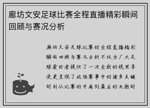 廊坊文安足球比赛全程直播精彩瞬间回顾与赛况分析